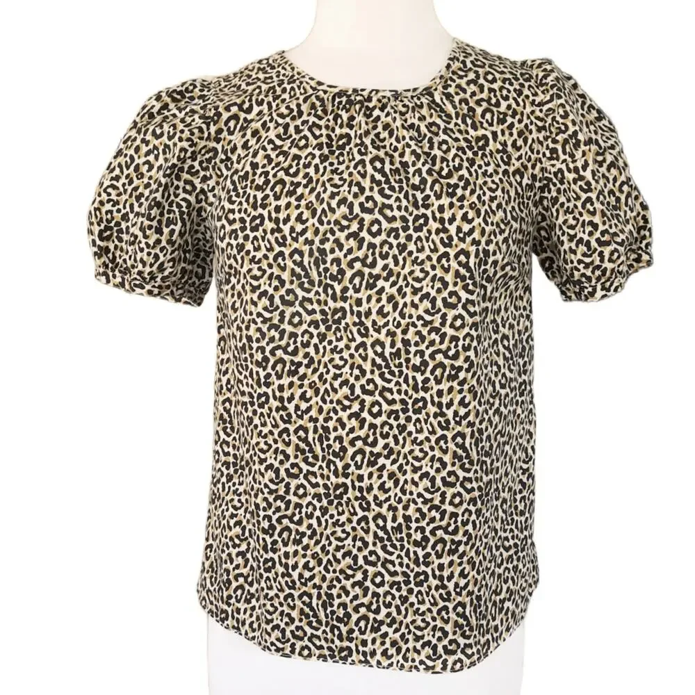 J CREW Leopard Puff-sleeve Top XS (runs big)  Stretch Cotton Poplin Tan Black